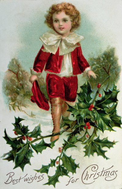 Victorian Christmas Postcard Depicting a Boy in Red in the Snow by English School